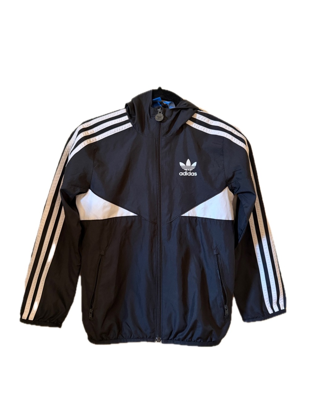 Adidas Youth Black & White Hooded Windbreaker Jacket Sz 7/8